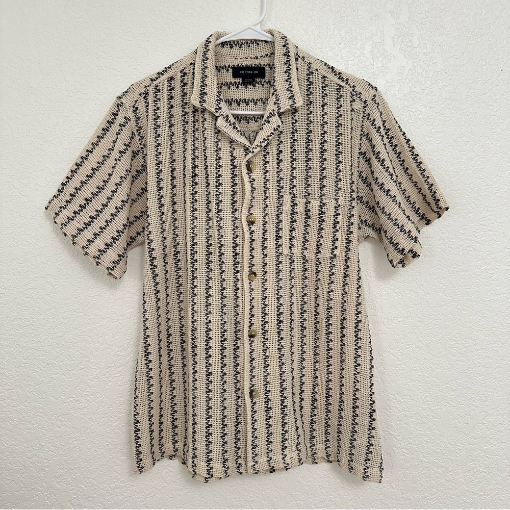 Cotton On Mens Casual Beige and Black Button Down Shirt
